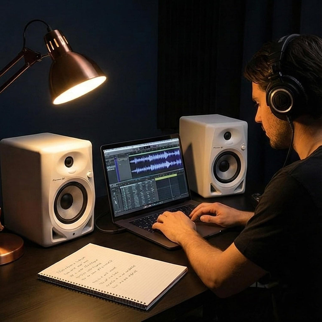Pioneer DM-50D 5-inch White Desktop Monitor Bundle with Headphones, Laptop Stand, and Austin Bazaar Polishing Cloth