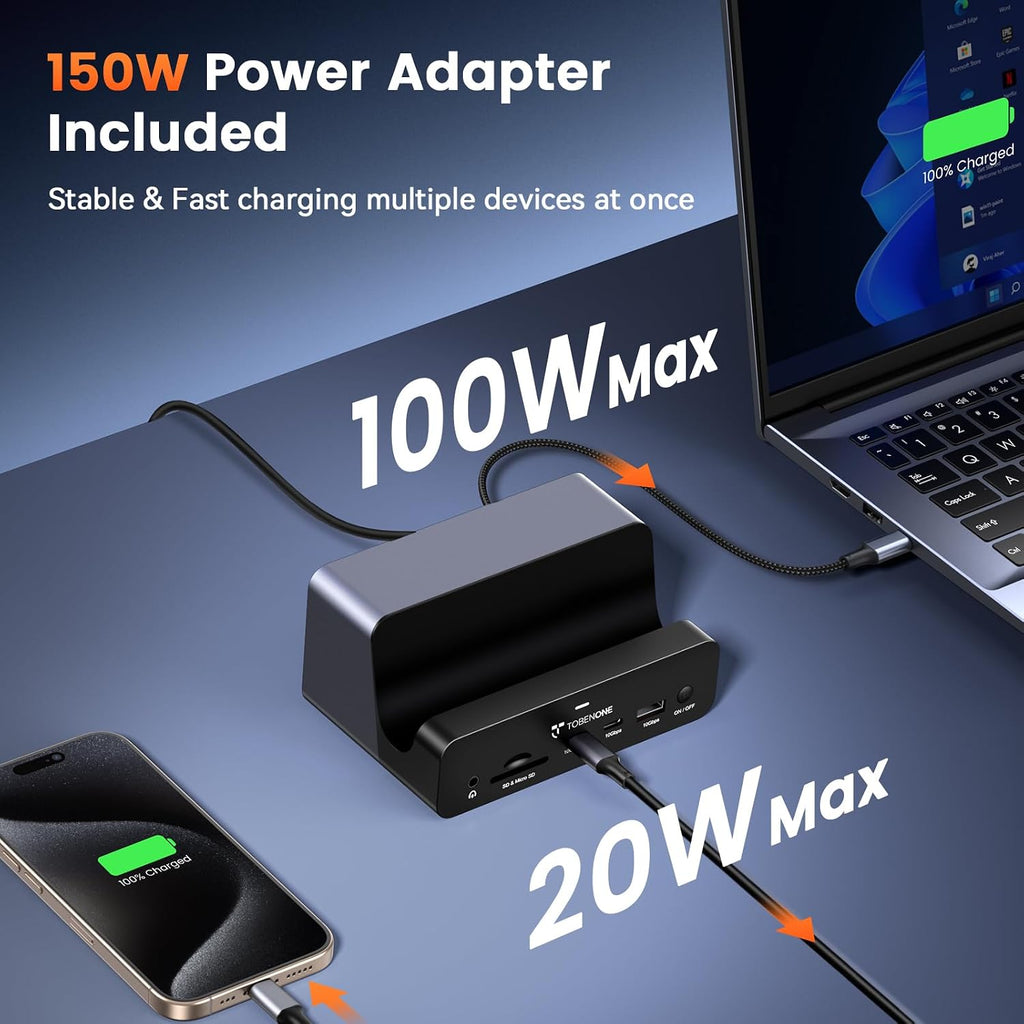 TobenONE 18-in-1 Triple 4K@60Hz Monitor Docking Station with 150W Power Supply, USB C Laptop Docking Station Stand(Single 4K@144Hz), 2.5Gbps Ethernet, 2 HDMI & DP, 8 USB, for Windows&ChromeOS