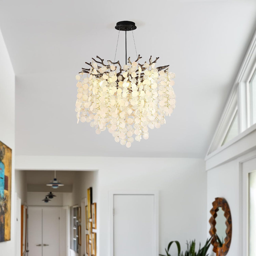 Capiz Shell Chandelier 18-Inch, Black Crystal Tree Branch Chandelier, 6-Light Coastal Light Fixture, Contemporary Entryway Chandeliers, for Dining Room Bedroom Foyer Bathroom