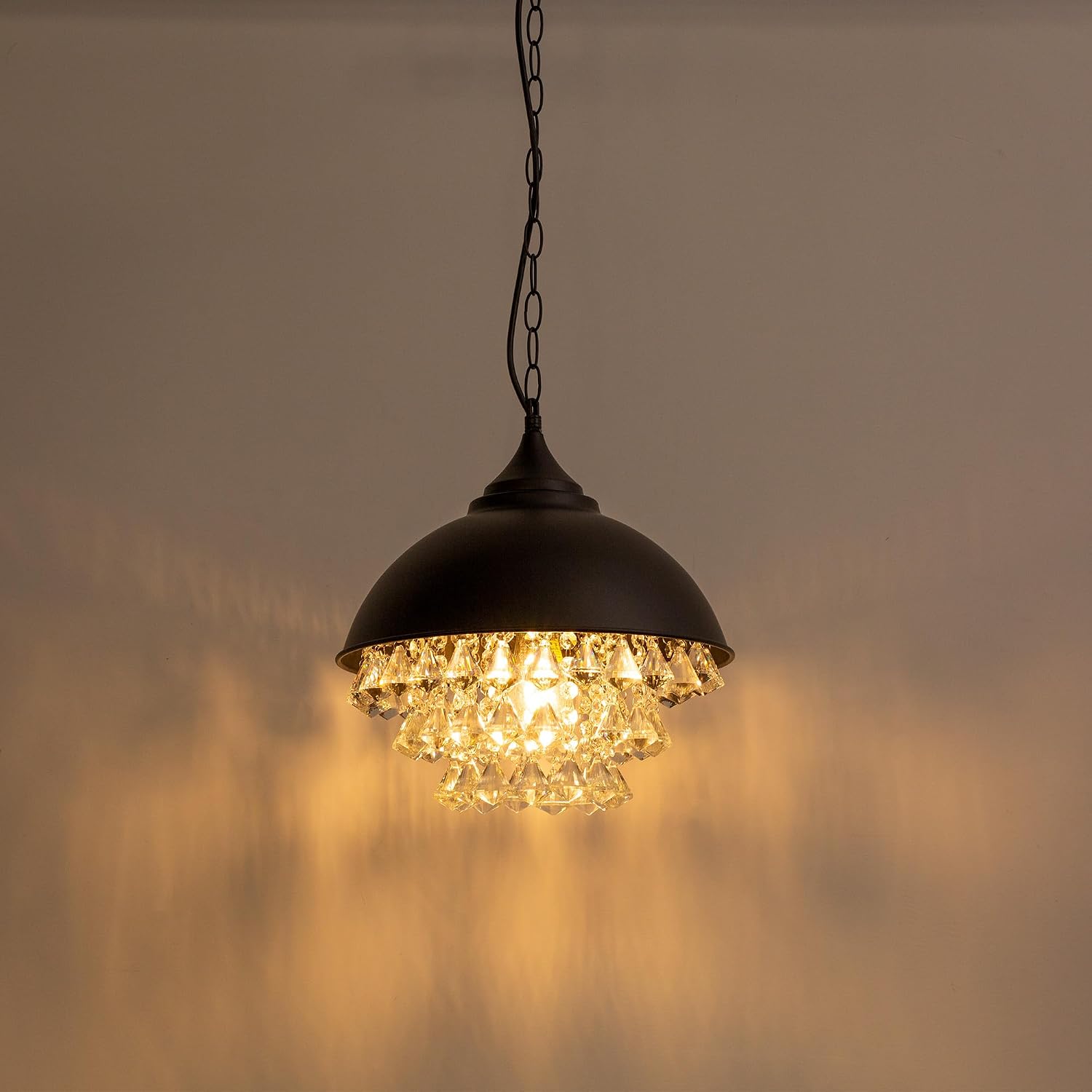 Hanging Lamp, Industrial Chandelier 1-Light Crystal P Light,Retro Black Wrought Iron Dome Shade Celling Light Hanging Light for Bedroom Dining Room,Bathroom