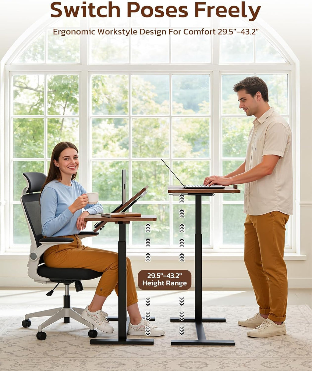 Small Standing Desk Rolling Table with Hidden Casters, Adjustable Height Laptop Mobile Stand Desks, Portable Computer Workstation with Tiltable Desktop for Teacher Classroom Home Office, Brown