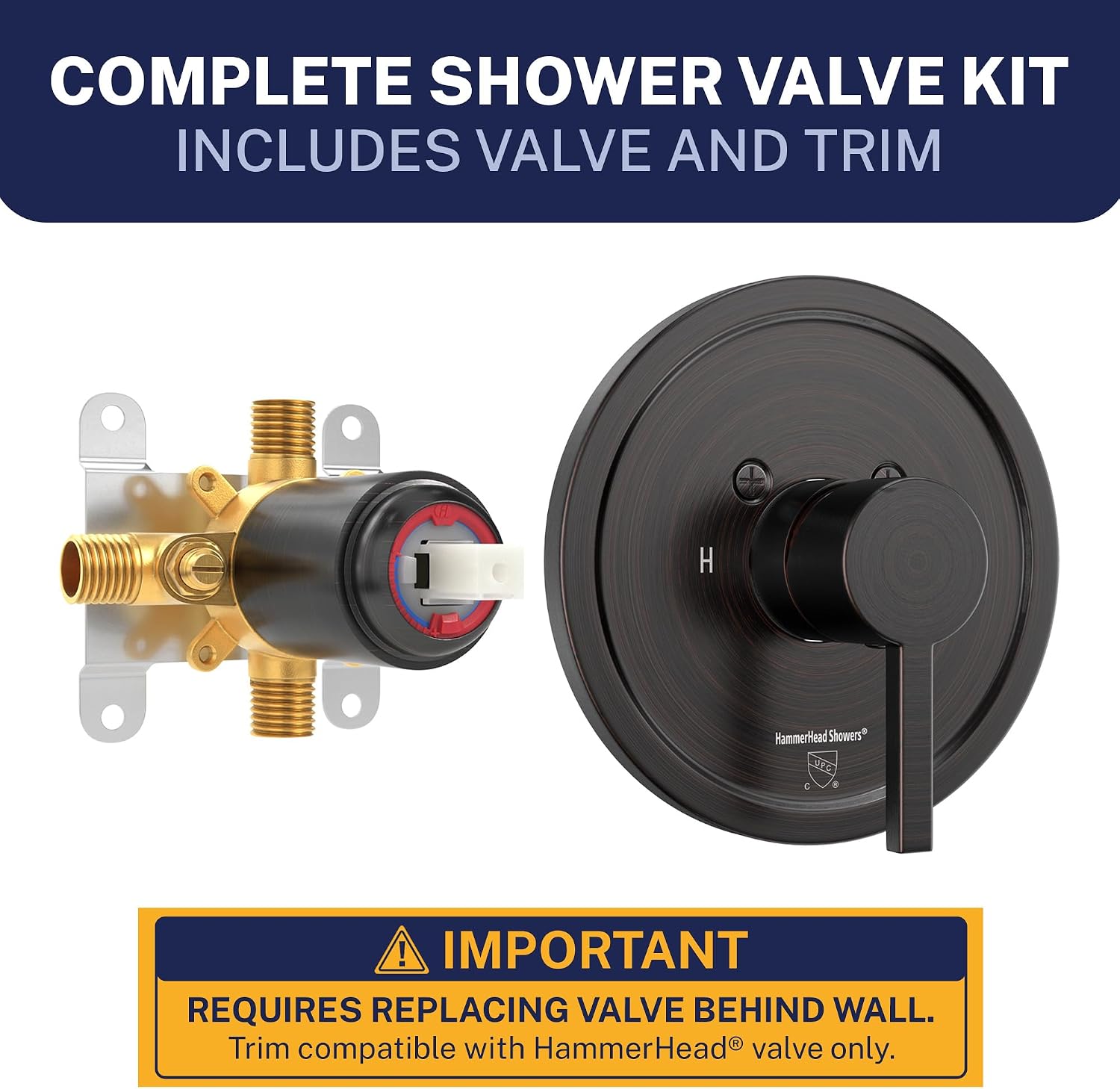 HammerHead Showers Solid Metal Single-Handle Trim Kit with Rough-In Shower Valve, Volume and Temperature Control, Pressure Balance, Oil Rubbed Bronze