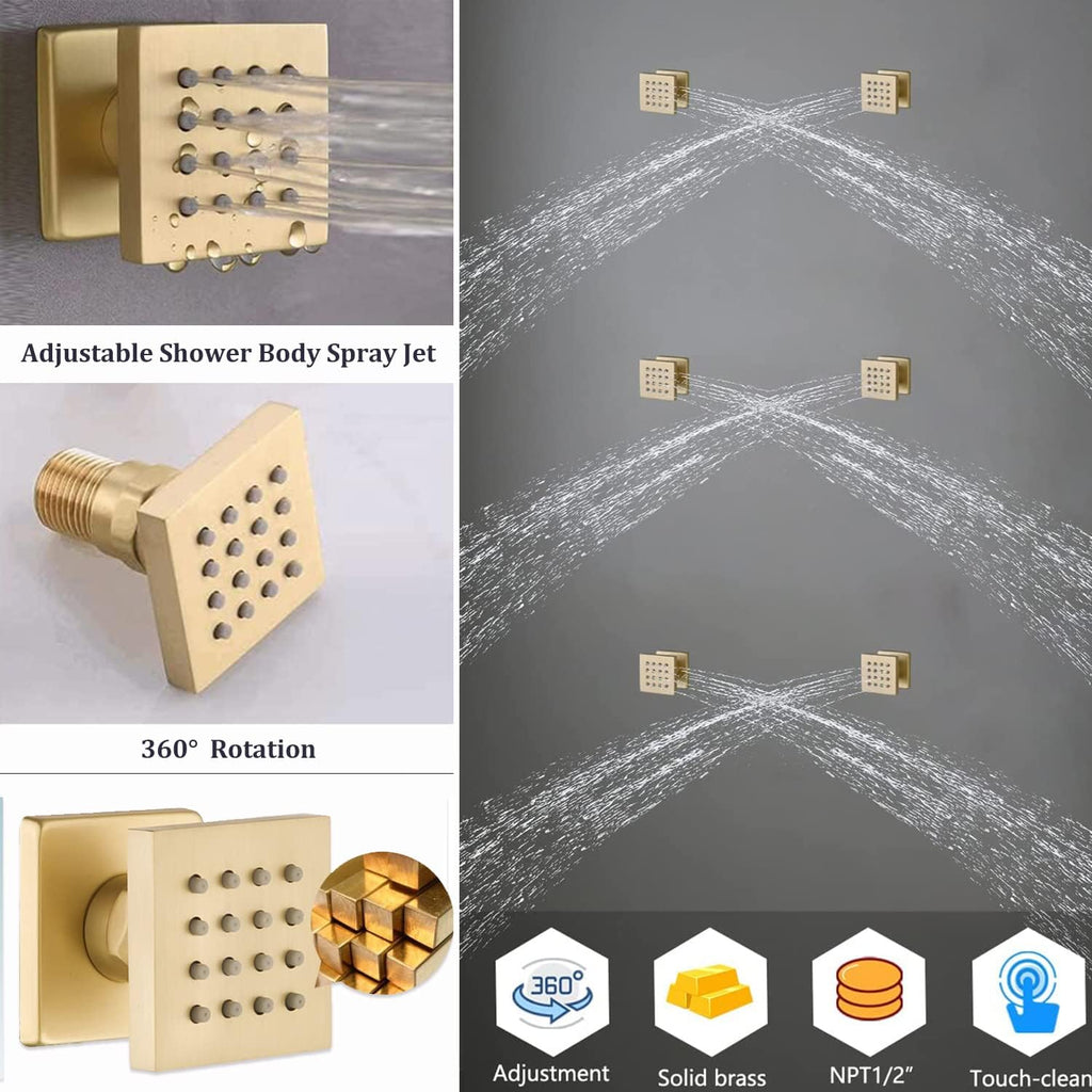 Brushed Gold Shower System with 16 X 24inch Large Triple Function Rain Waterfall Mist Shower Head, Ceiling Shower Faucet Fixtures Set with Thermostatic Shower Valve and 6PCS Shower Body Jets