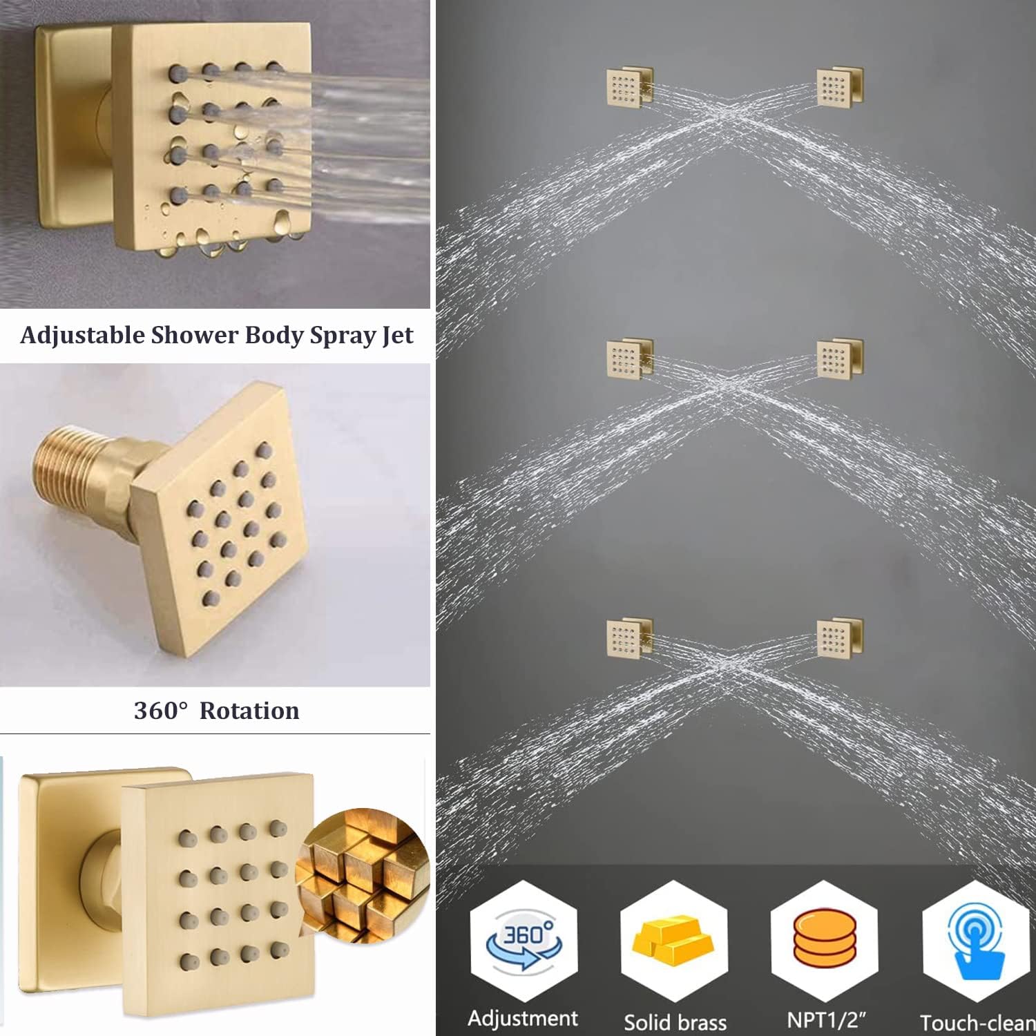 Brushed Gold Shower System with 16 X 24inch Large Triple Function Rain Waterfall Mist Shower Head, Ceiling Shower Faucet Fixtures Set with Thermostatic Shower Valve and 6PCS Shower Body Jets