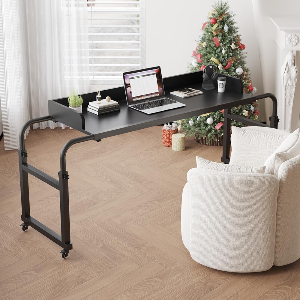 LINGMI Kids and Adult Desk, Overbed Table with Wheels, Bed Desk Recliner Table Adjustable Height Laptop Table, Queen King Size Over The Bed Table with Metal Leg(Black)