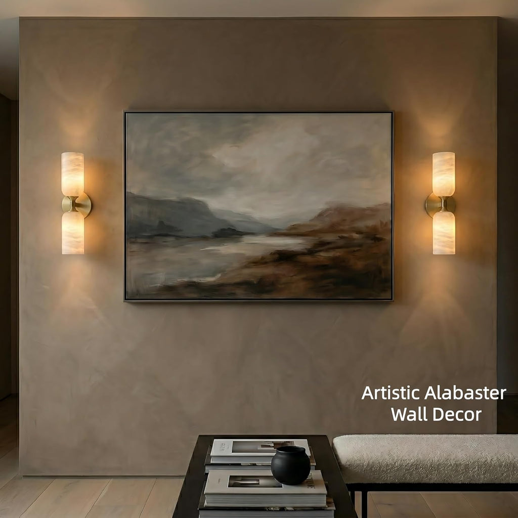 Alabaster Wall Sconces, 14' Modern Spanish Natural Marble Vanity Light, Dimmable Hardwired Brass Gold Wall Sconce Lighting for Bathroom Mirror, Bedroom, Living Room, Luxury Stone Wall Fixtures (1 Pcs)