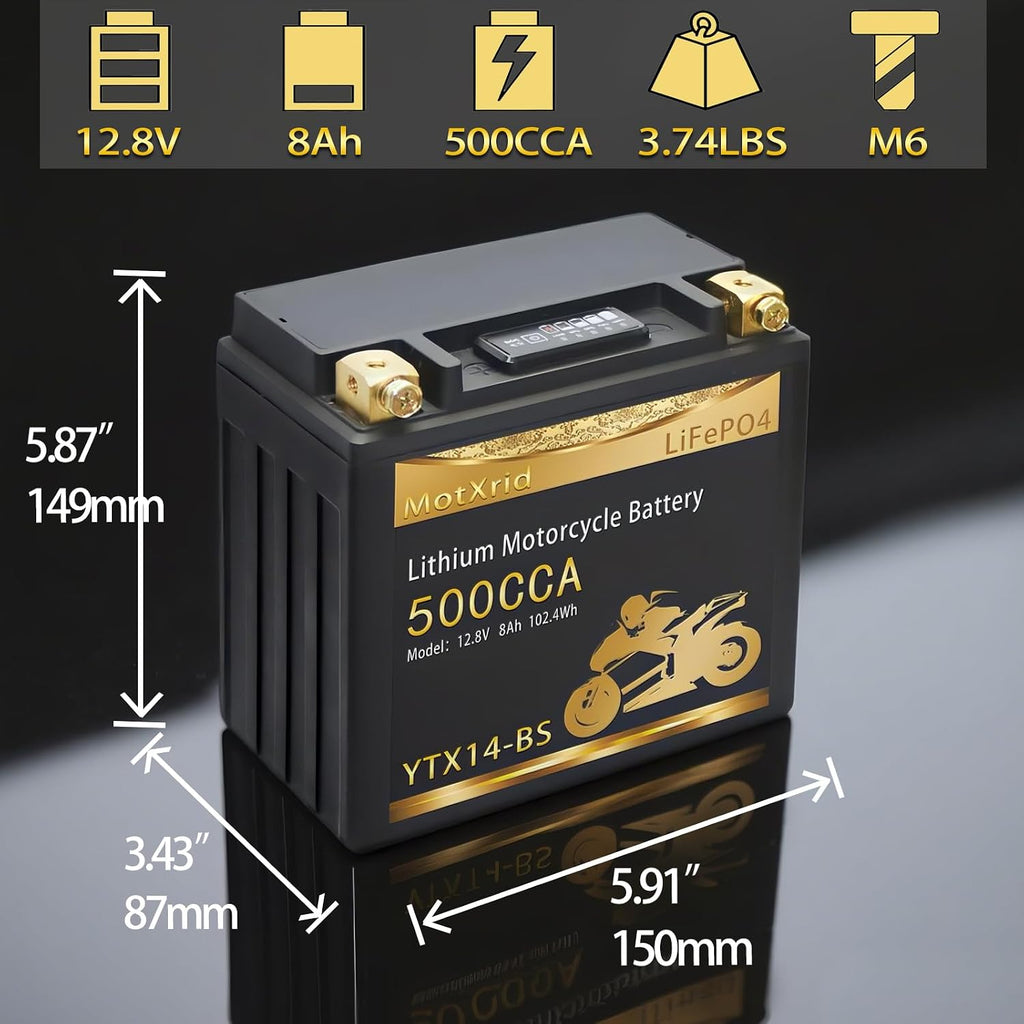 YTX14-BS[+,-]12V 8AH 500CCA Lithium battery LiFePO4 Powersport Start Motorcycle Battery,longevity,lightweight,High cranking,Intelligent BMS,Digital Readout