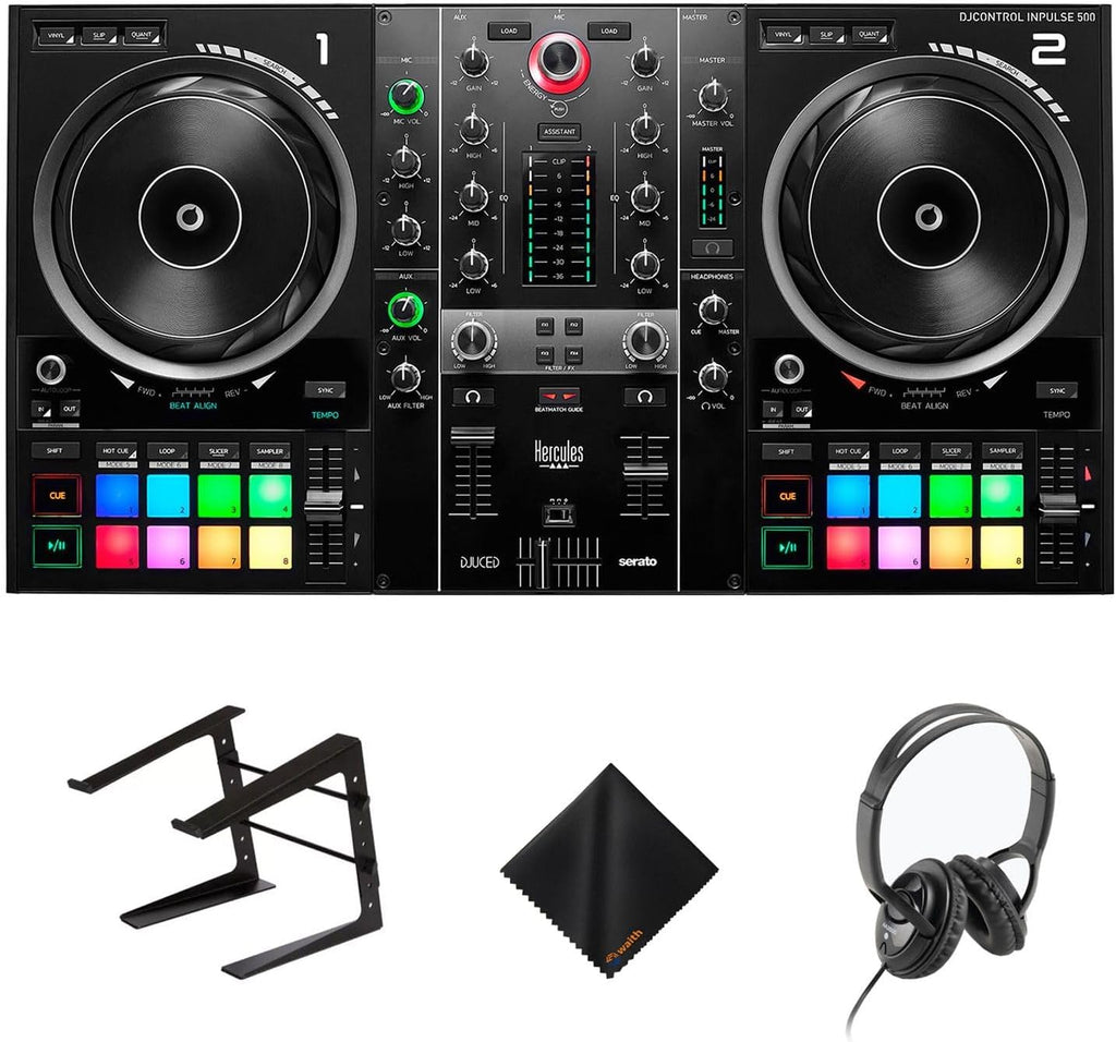 Hercules DJ Control Inpulse 500 Portable USB DJ Controller - 2-Deck DJ Controller with On Stage AA3500 Wired Headphones, Laptop Stand & Cleaning Cloth - Includes DJUCED and Serato DJ Lite (Bundle Set)