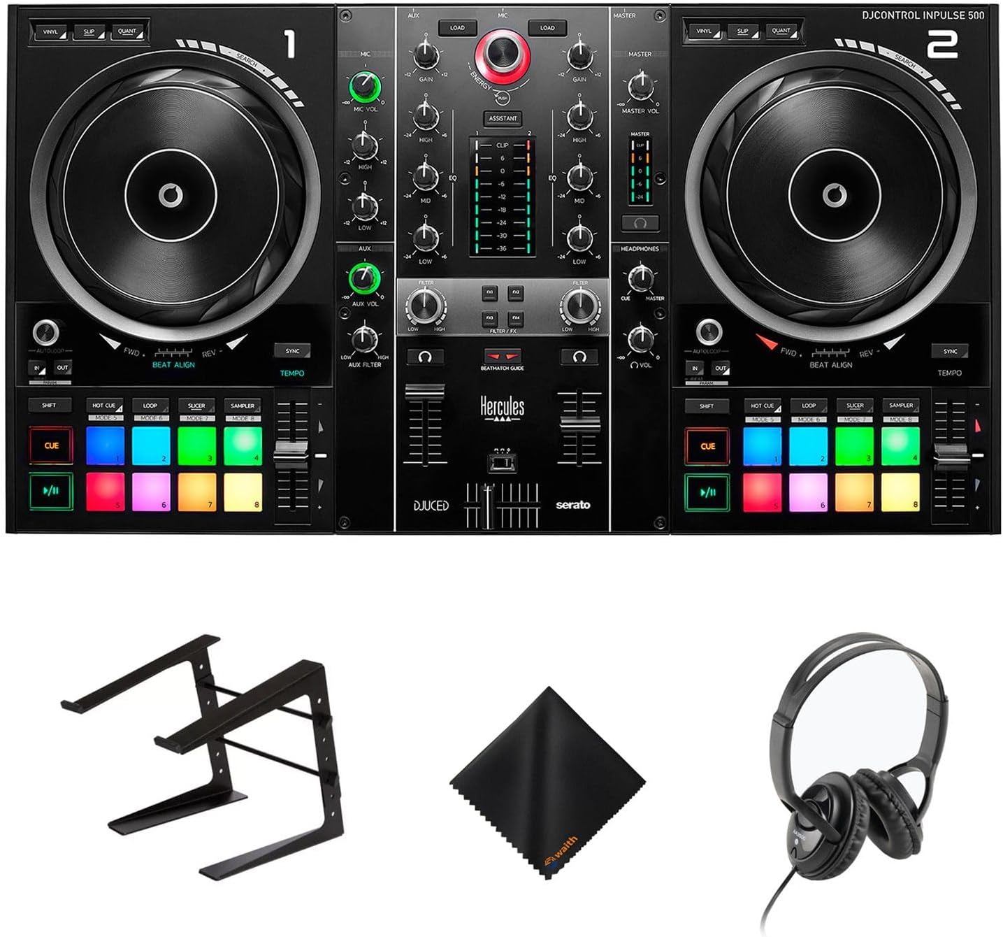 Hercules DJ Control Inpulse 500 Portable USB DJ Controller - 2-Deck DJ Controller with On Stage AA3500 Wired Headphones, Laptop Stand & Cleaning Cloth - Includes DJUCED and Serato DJ Lite (Bundle Set)