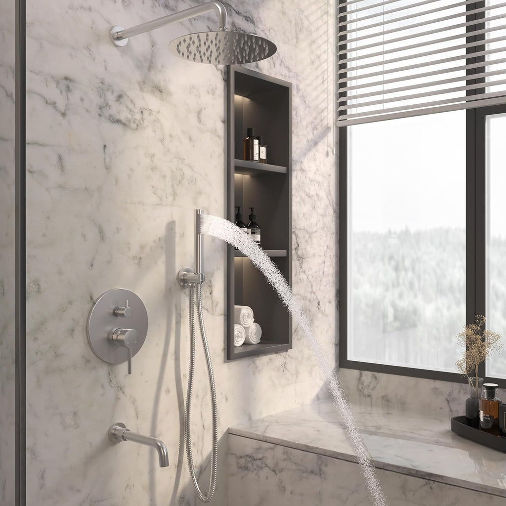 MONDAWE Round Shower Faucet Set with Tub Spout, Wall Mounted Shower System 10 Inch Rainfall Shower Head with Handheld Combo, Brushed Nickle High Pressure Shower Faucets Sets Complete