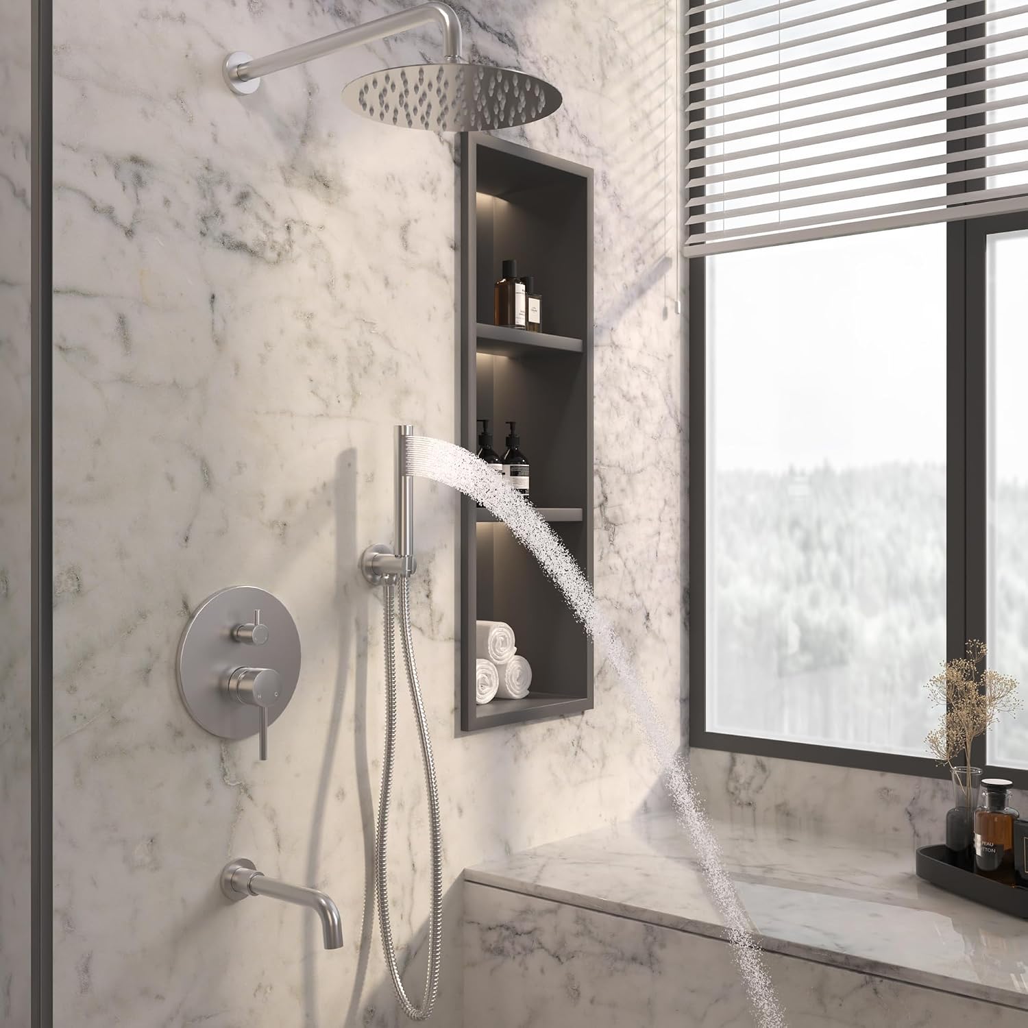MONDAWE Round Shower Faucet Set with Tub Spout, Wall Mounted Shower System 10 Inch Rainfall Shower Head with Handheld Combo, Brushed Nickle High Pressure Shower Faucets Sets Complete