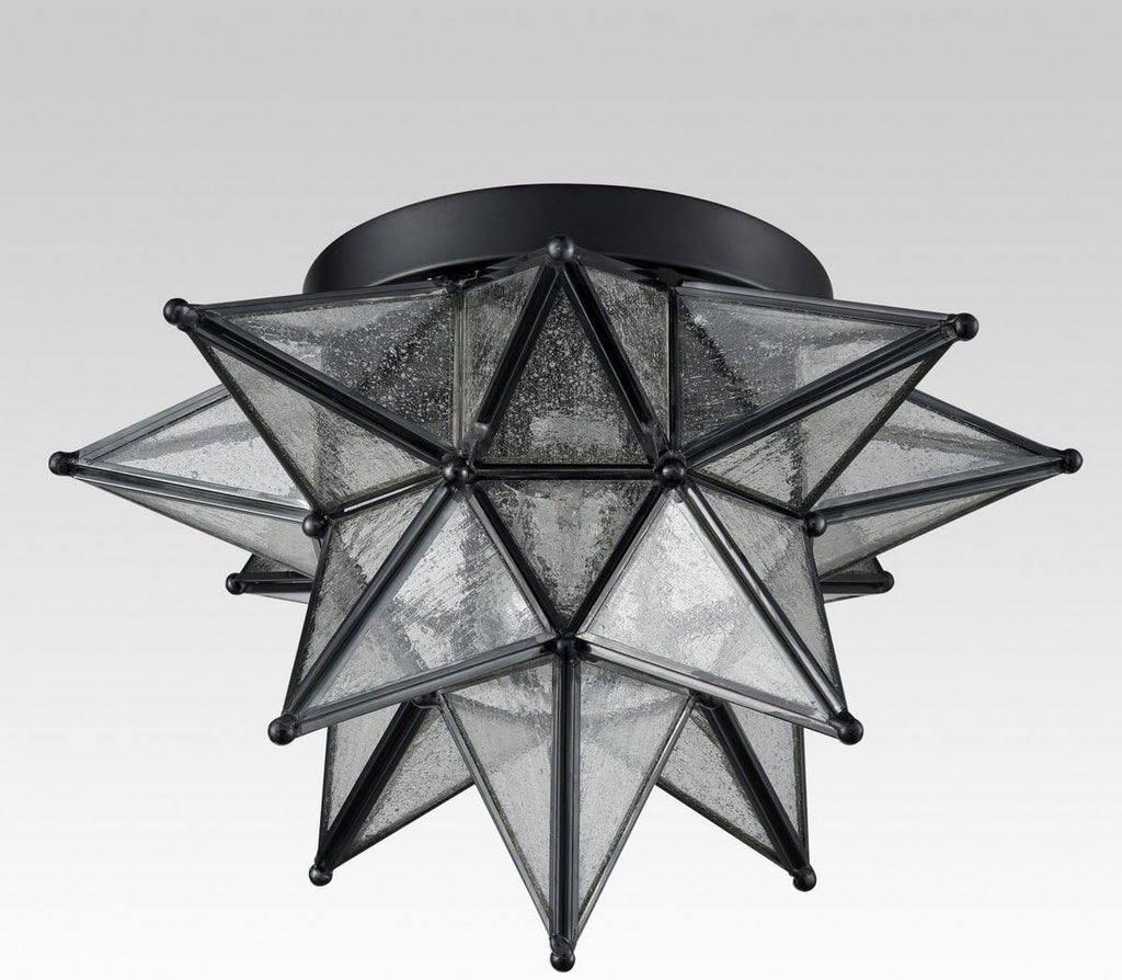 DAYCENT Black Moravian Star Flush Mount Light with Seeded Glass Shade 12.8-Inch Moroccan Star Glass Ceiling Light Fixtures for Bedroom Kitchen Hallway Foyer