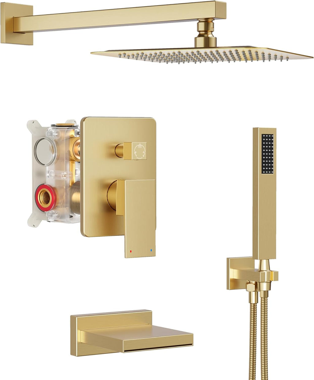 Gold Tub Shower System, All Metal Tub Shower Faucet Set with 12' Rain Shower Head and Handheld Spray combo, Wall Mounted Shower Systems with Tub Spout, Valve and Trim Kit, Brushed Gold