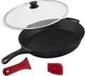 Cuisinel Cast Iron Skillet with Glass Lid Cover - Large 15'-inch Frying Pan + Scraper + Silicone Handle Grip - Pre-seasoned Kitchen Cookware - Indoor/Outdoor - Camping, Grilling, BBQ, Oven Use