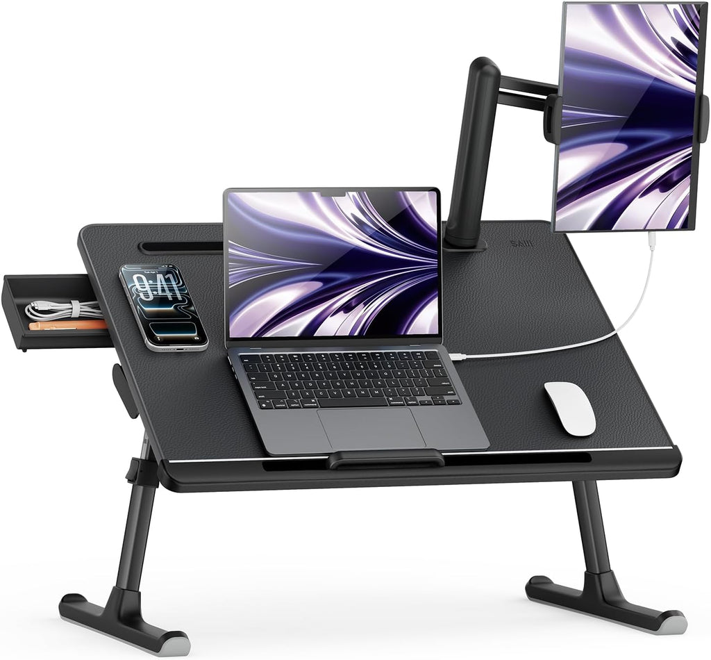 SAIJI Dual Screen Laptop Bed Desk | Foldable Adjustable Lap Desks for Adults, X-Large Couch Bed Tray Table with Portable Monitor Stand and Drawer