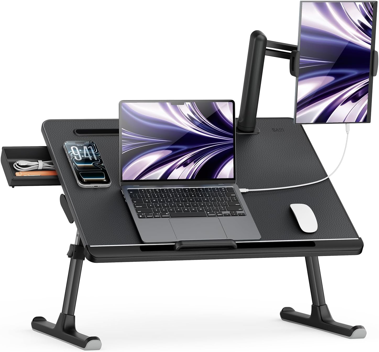 SAIJI Dual Screen Laptop Bed Desk | Foldable Adjustable Lap Desks for Adults, X-Large Couch Bed Tray Table with Portable Monitor Stand and Drawer