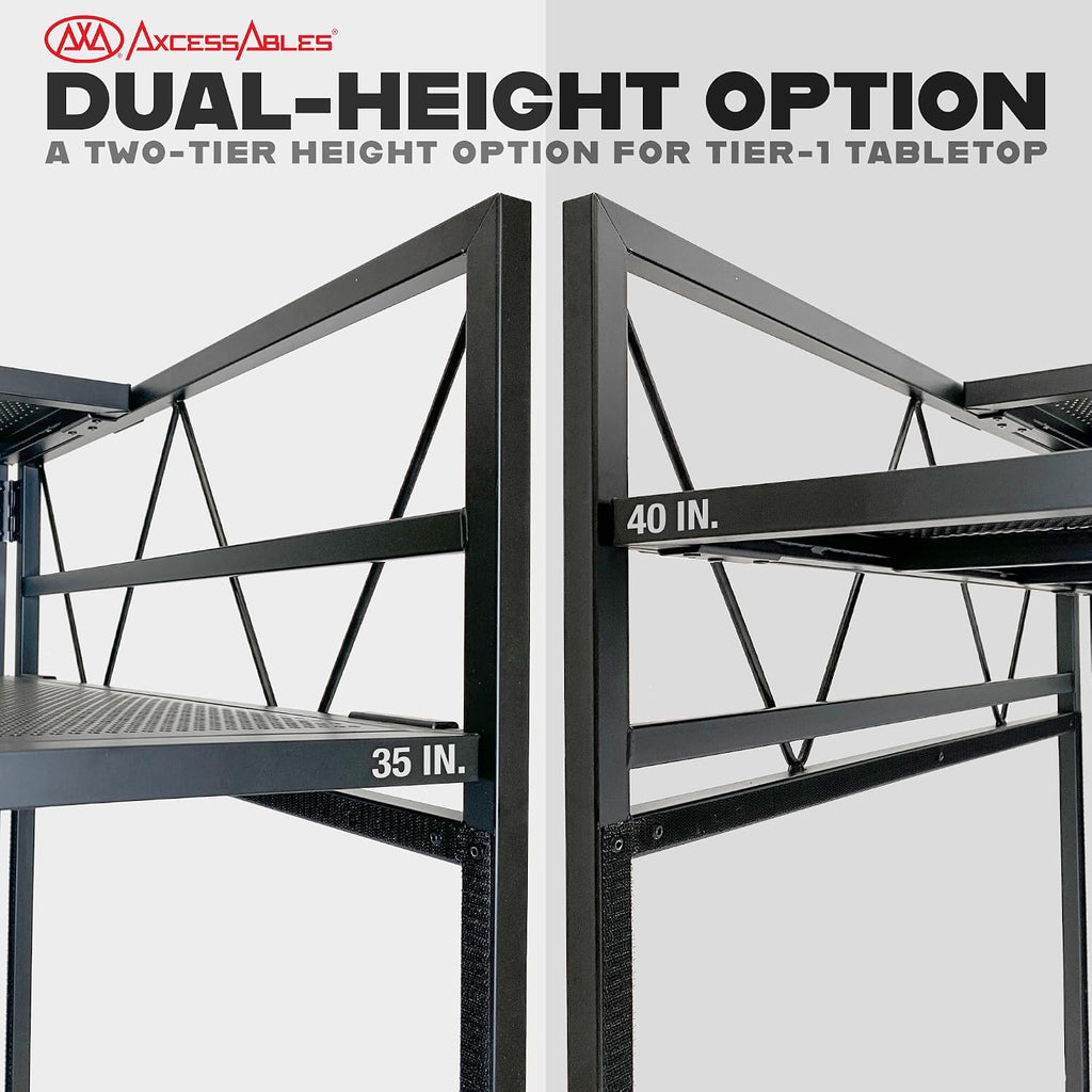 AxcessAbles Two-Tier Portable DJ Booth | Large DJ Table Stand w/ 43'x25' Desk Surface | 2 Ergonomic Table Heights | Black & White Facades, Carry Cases | DJ Laptop Controller Stand
