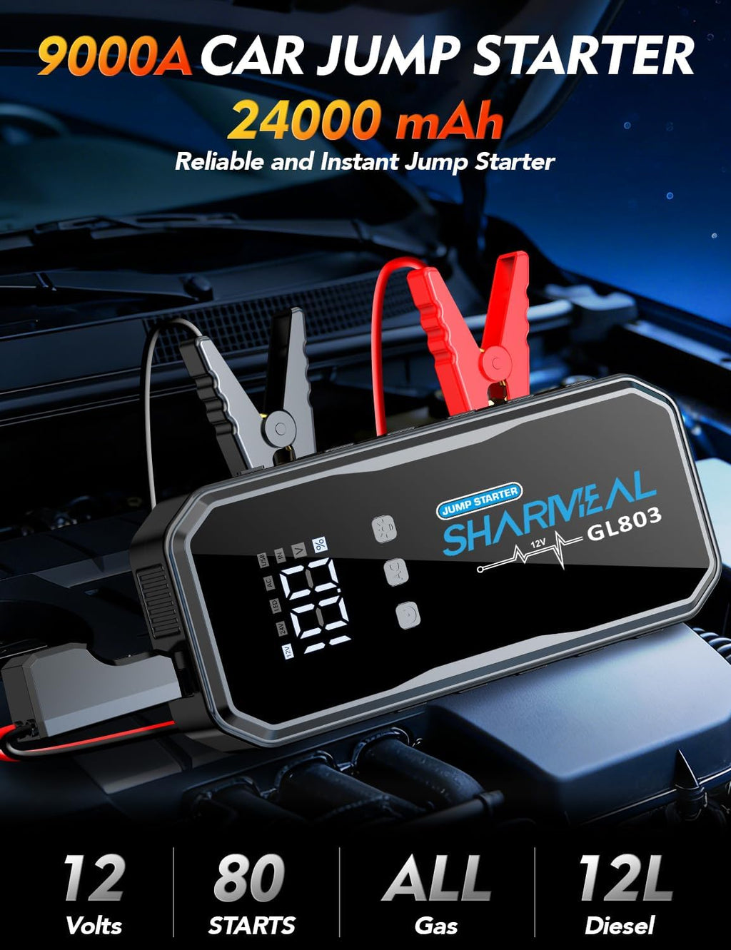 Sharmeal 22-in-1 9000A Jump Starter, 24000mAh Car Booster Pack with 80W AC Outlet & PD 35W Super Fast Charging, 12V Jump Starter Battery Pack for All Gas and 12.0L Diesel