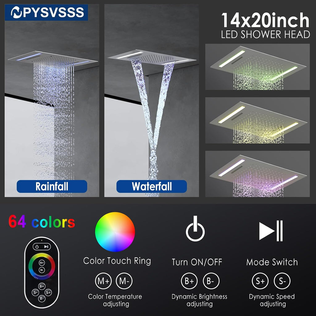 Dual Rain Shower Head Thermostatic Luxury Spa Shower System And Ceiling Mount 14x20 Inch LED 4 Functions with 6 Inch Wall Head Shower Faucet Set,Brushed Nickel
