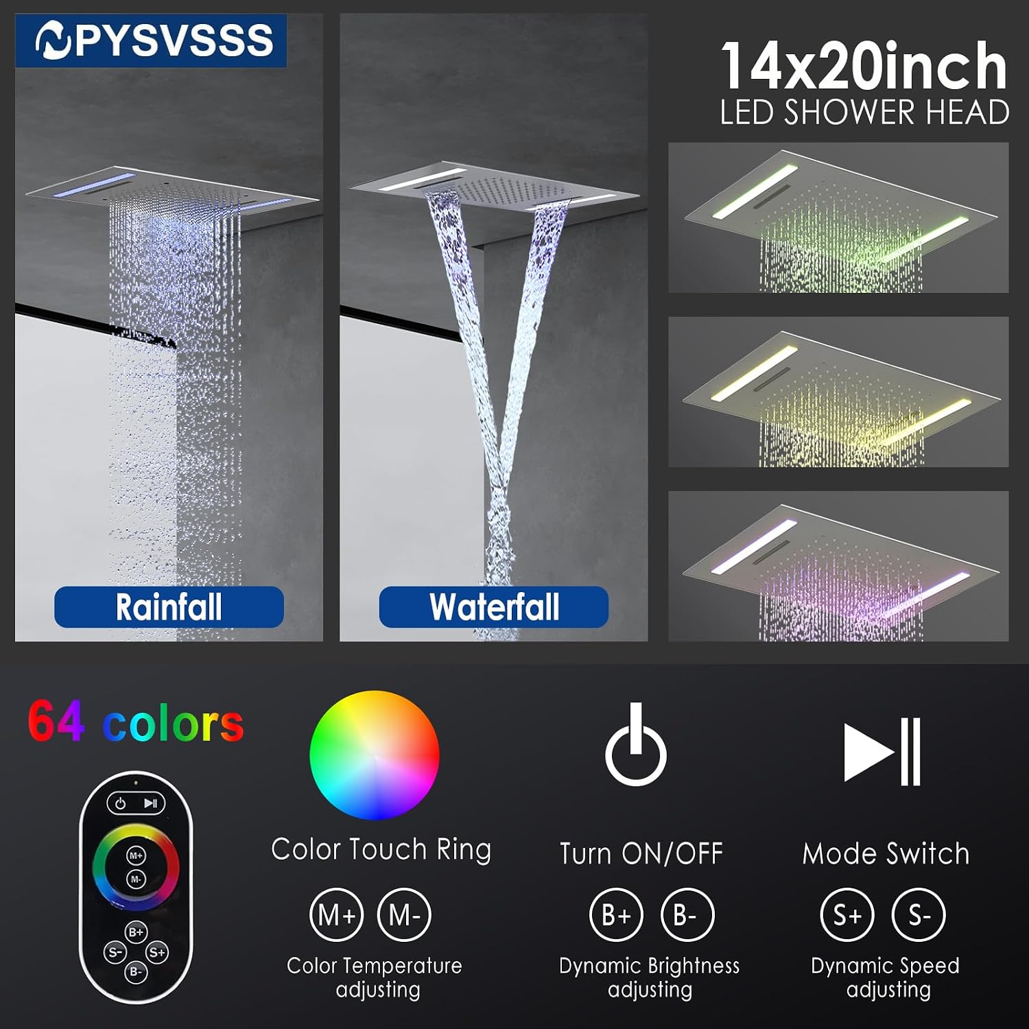 Dual Rain Shower Head Thermostatic Luxury Spa Shower System And Ceiling Mount 14x20 Inch LED 4 Functions with 6 Inch Wall Head Shower Faucet Set,Brushed Nickel