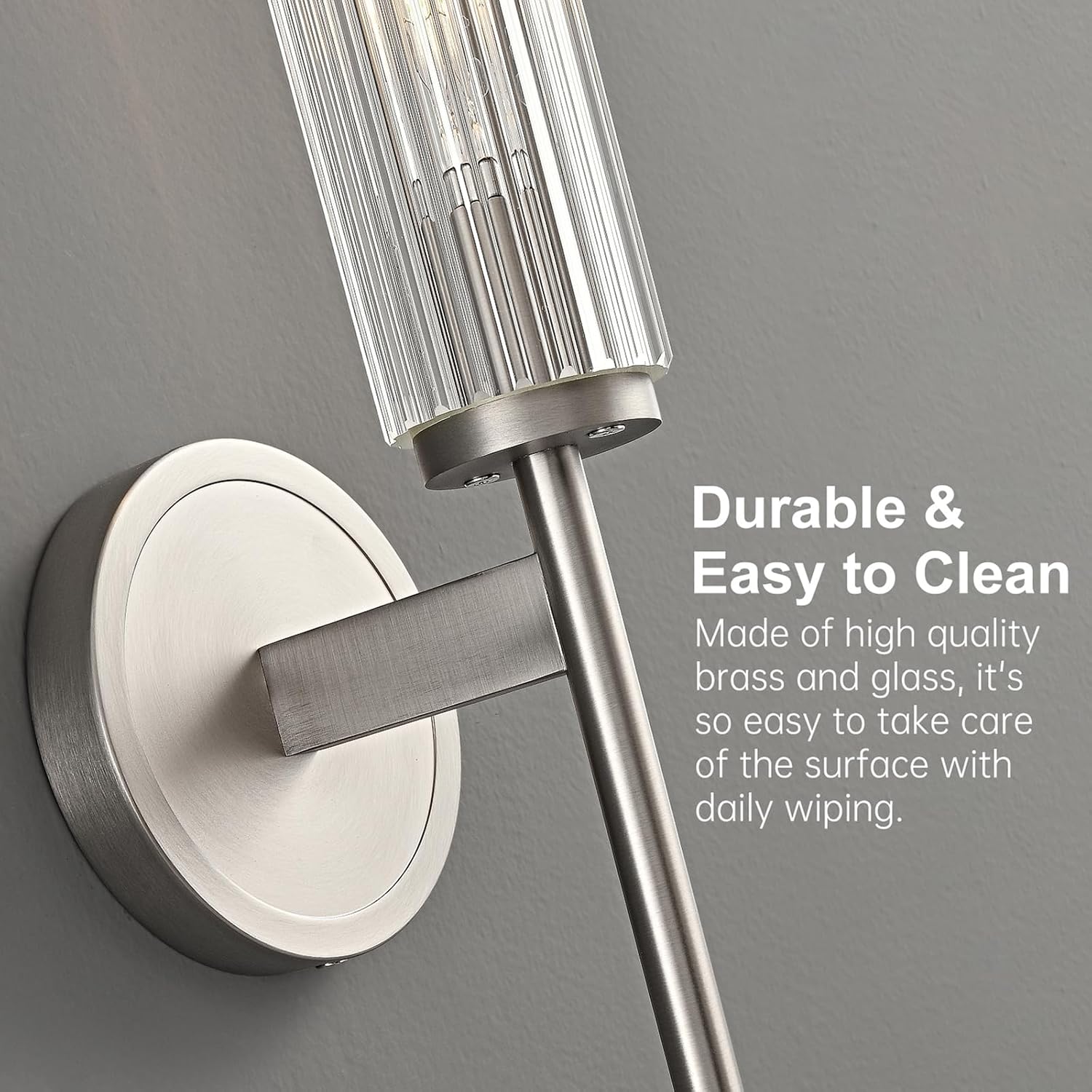 Brushed Nickel Wall Sconce with Ribbed Groove Glass Tube - 18.9' Solid Brass Material Wall lamp Includes Bulbs - Modern Wall Sconces for Bathroom, Living Room, Hallway, Staircase, Mirror