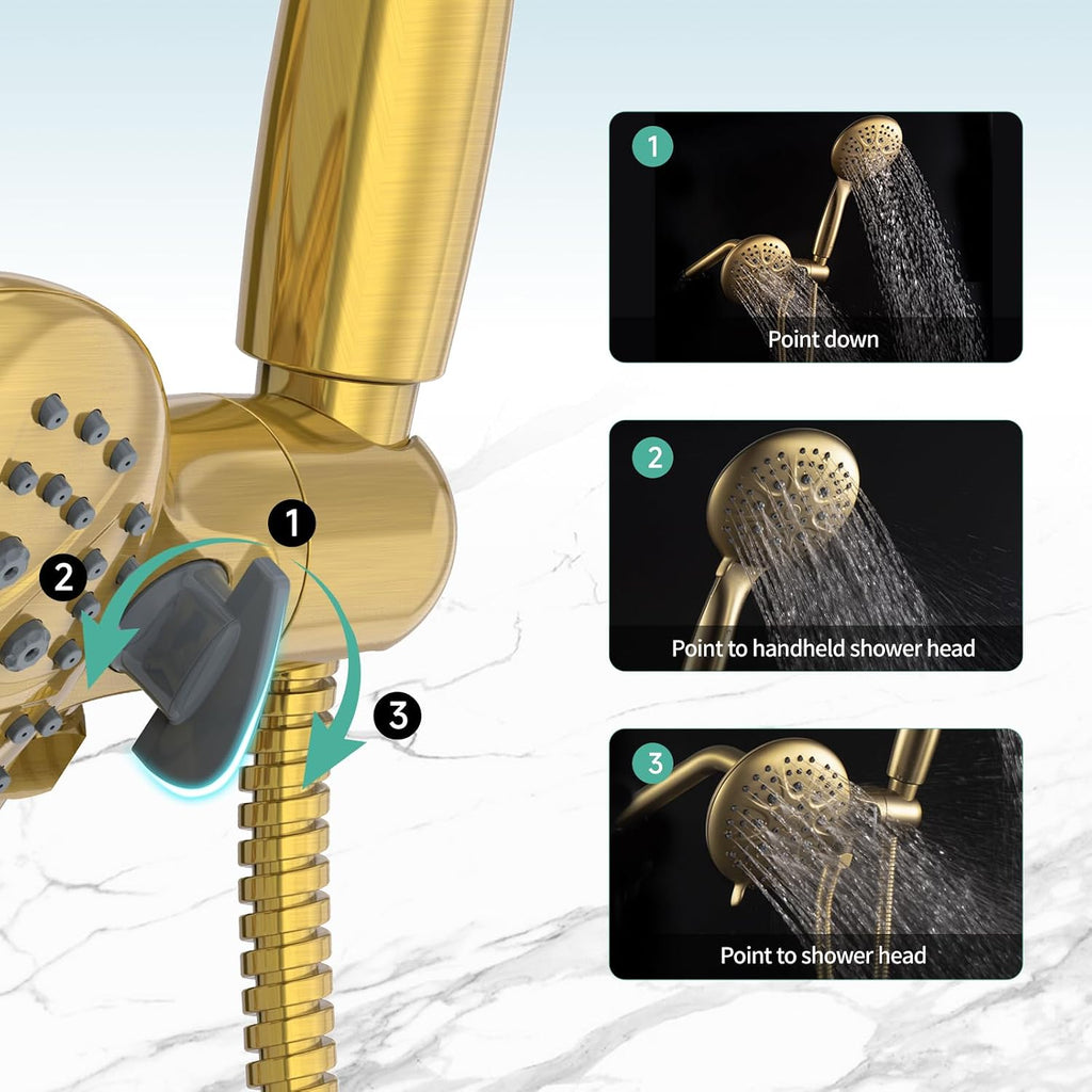 SR SUN RISE High Pressure 3-Way Rainfall Shower Faucet, 3 in 1 Shower Head and Handheld Shower Combo Set with 71' Hose, Easy to Clean Bathtub or Pets, Valve and Shower Trim Kit, Brushed Gold