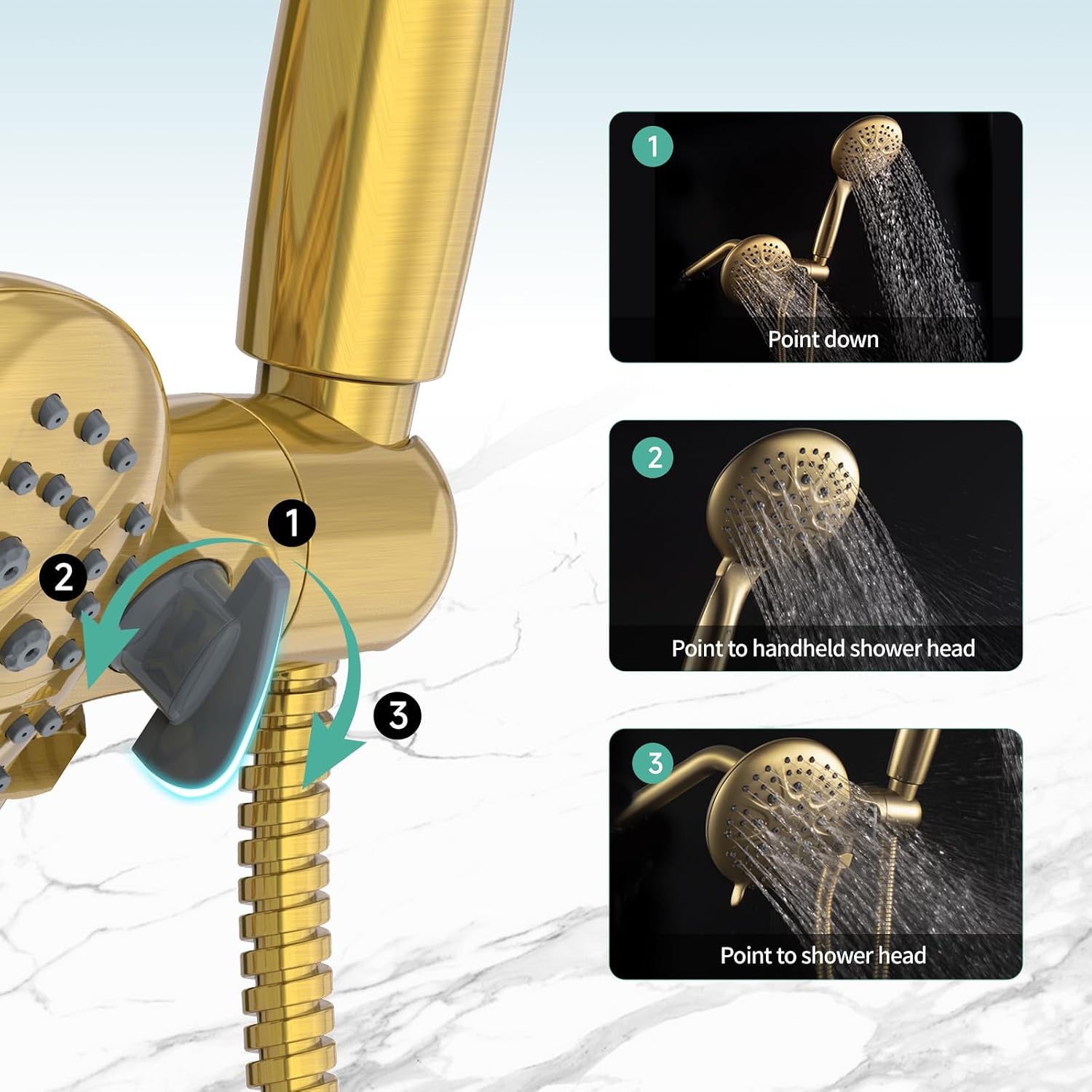 SR SUN RISE High Pressure 3-Way Rainfall Shower Faucet, 3 in 1 Shower Head and Handheld Shower Combo Set with 71' Hose, Easy to Clean Bathtub or Pets, Valve and Shower Trim Kit, Brushed Gold