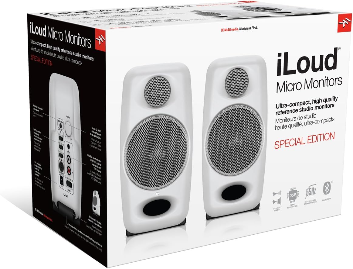 IK Multimedia iLoud Micro Monitor White 50 watt Portable Wireless Bluetooth Studio Reference Monitors, Dual Speakers for Music Production, Mixing, Mastering, Composing, producing and DJs