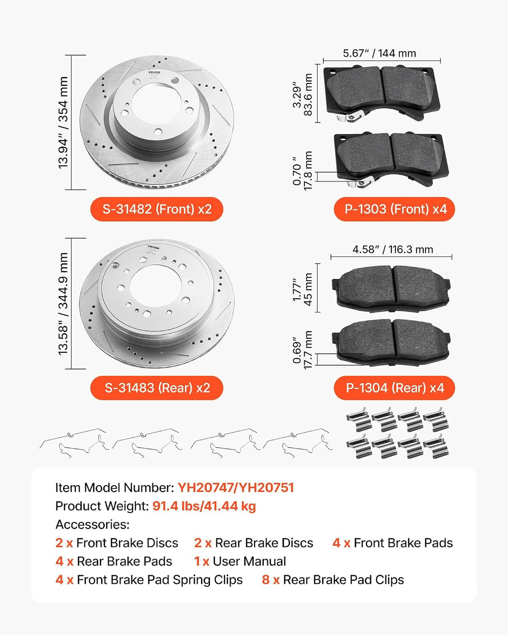 VEVOR Brake Pads and Rotors Kit Front and Rear, Compatible with 2007-2021 Toyota Tundra (5 Lug Models), 2008-2021 Toyota Sequoia, Drilled and Slotted Brake Rotors Ceramic Brake Pads Replacement Kit