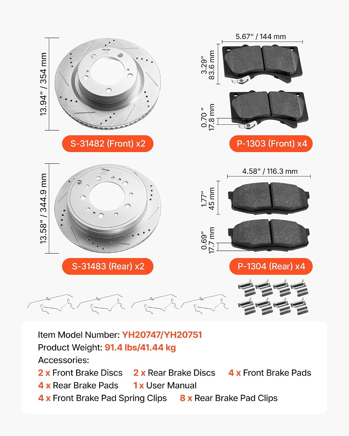 VEVOR Brake Pads and Rotors Kit Front and Rear, Compatible with 2007-2021 Toyota Tundra (5 Lug Models), 2008-2021 Toyota Sequoia, Drilled and Slotted Brake Rotors Ceramic Brake Pads Replacement Kit