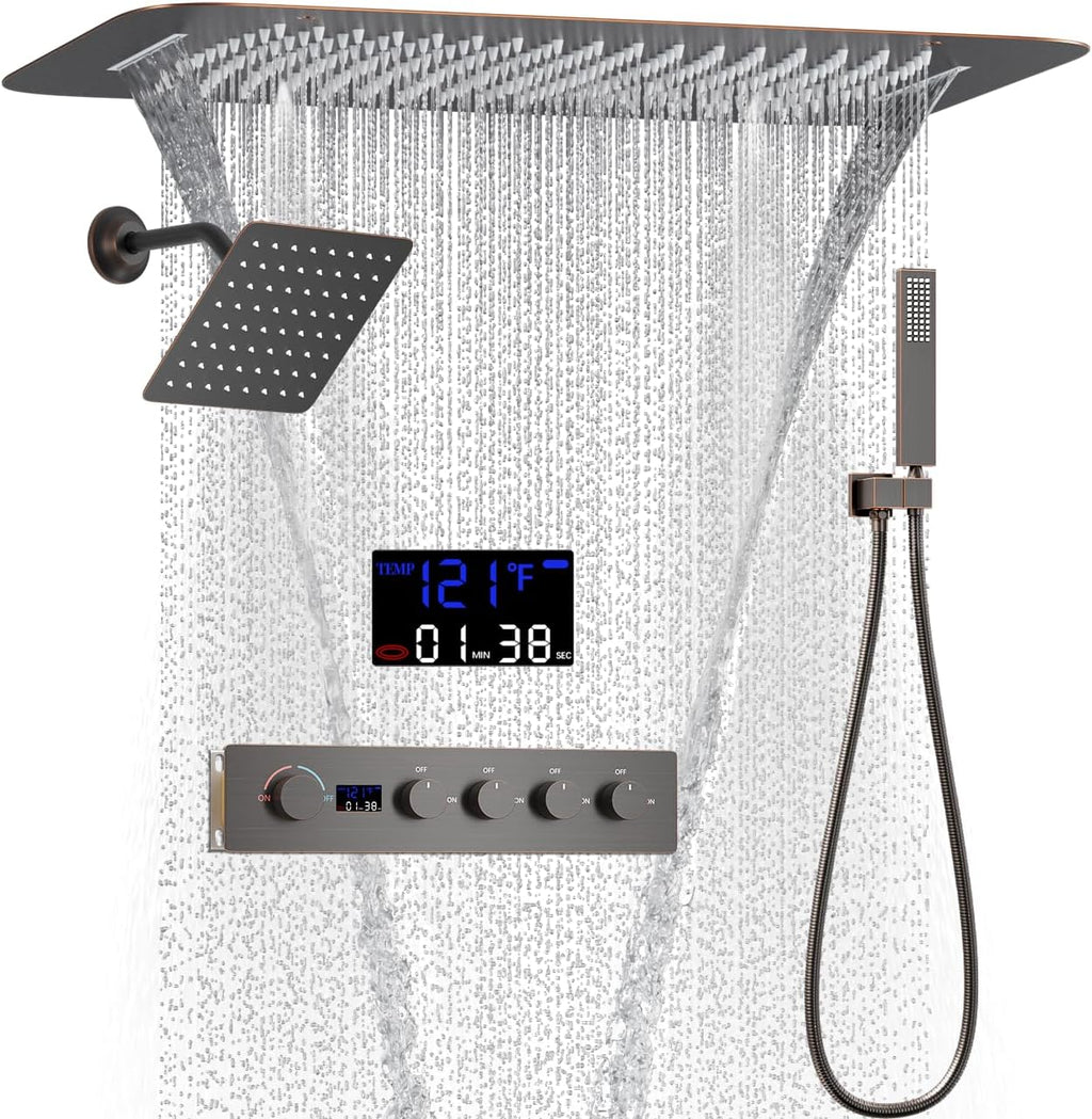 AYIVG Oil Rubbed Bronze 4 Function Dual Shower Head System 16 X 24 Inch Rainfall Waterfall And 8 Inch Wall Mount With Handheld shower head Digital Display Shower Valve Set