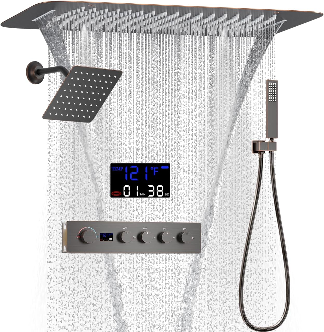 AYIVG Oil Rubbed Bronze 4 Function Dual Shower Head System 16 X 24 Inch Rainfall Waterfall And 8 Inch Wall Mount With Handheld shower head Digital Display Shower Valve Set