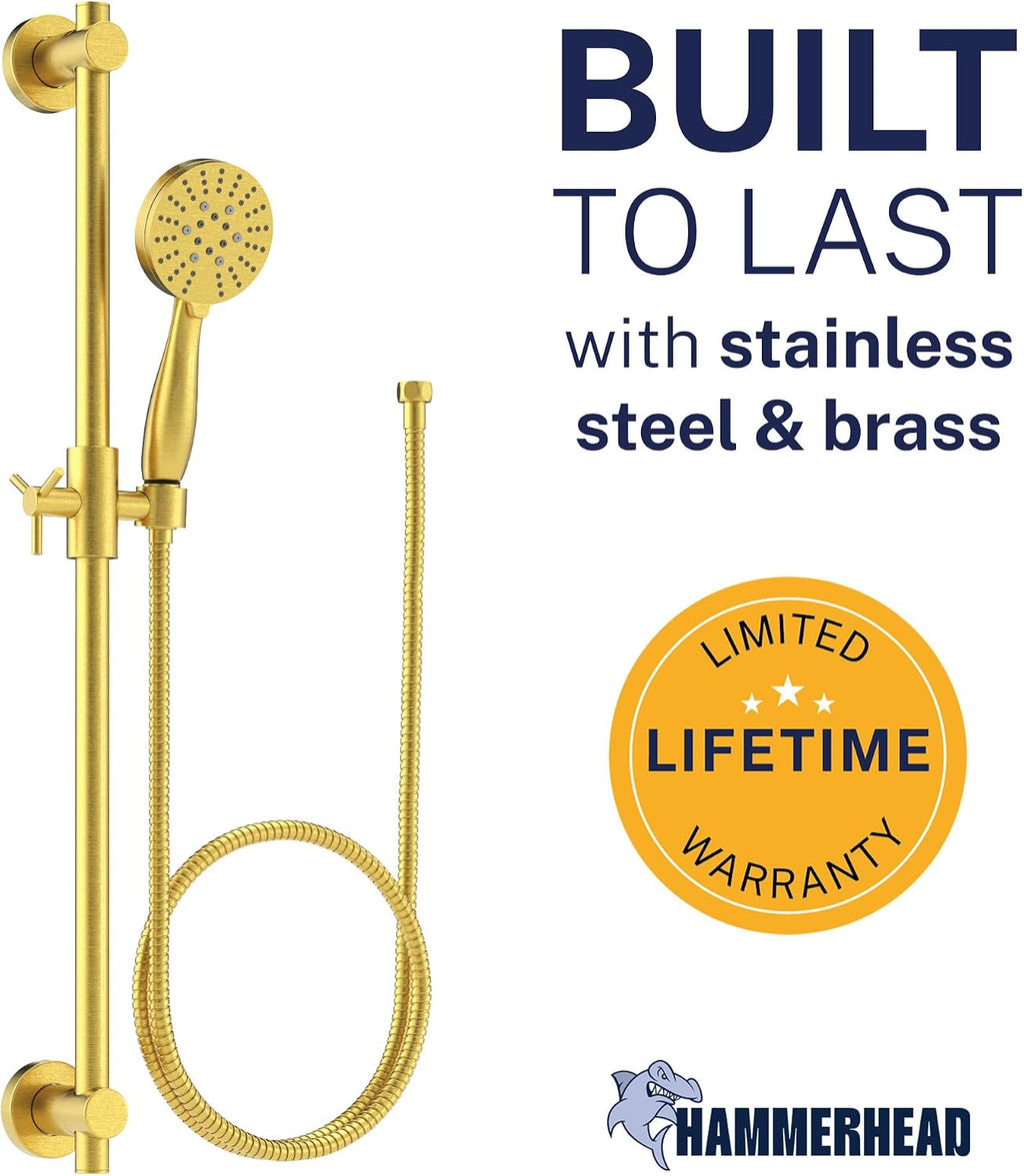 HammerHead Showers Solid Metal 27.5 Inch Shower Slide Bar with 3-Spray Handheld Shower Head with Long Hose and Holder, 1.75 GPM Low Flow Shower Head, Brushed Gold