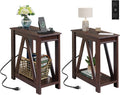 WLIVE End Tables Living Room Set of 2 with Charging Station, Sofa Side Tables with Open Storage Shelf, Slim Farmhouse End Table Sets, Espresso