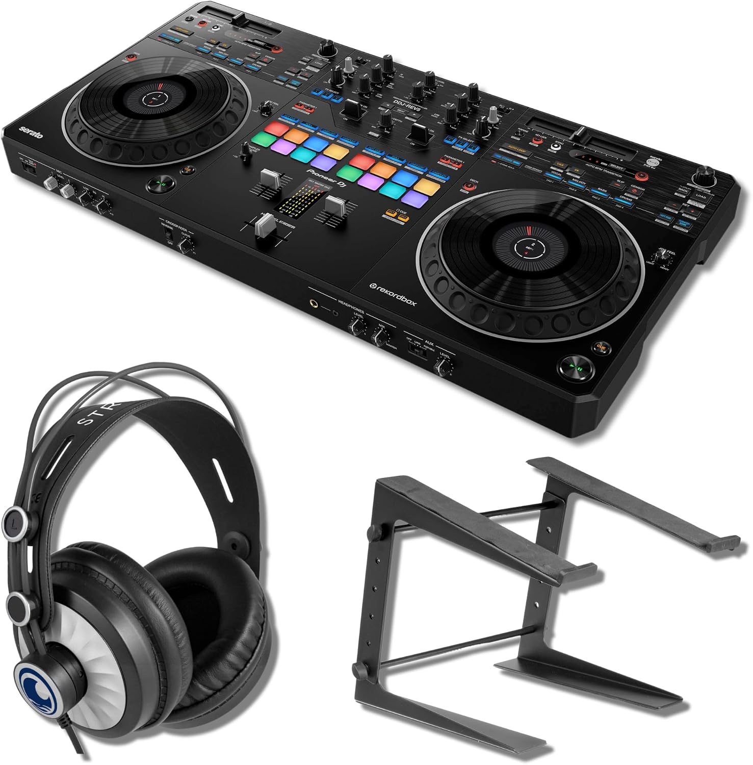 Pioneer DDJ-REV5 4-deck DJ Controller with Cans50 Professional Headphones and LPT5000 Laptop Stand