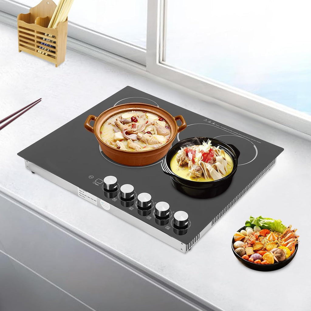 Induction Cooker, Built-In Electric Cooktop 4 Burners Electric Stove Top, 3400W Microcrystalline Panel Cooktop, 5 Power Levels, Knob Control, LED Screen, Child Safety Lock,110V