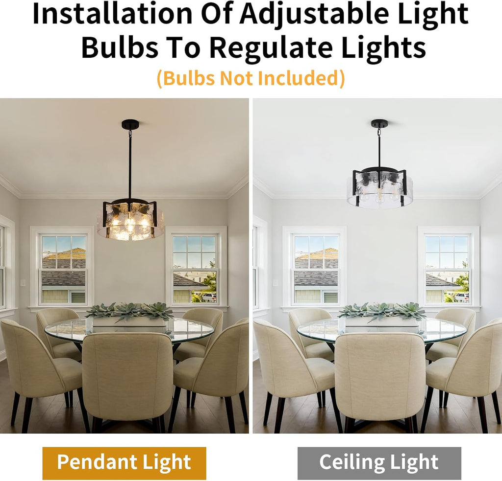 Black Dining Room Light Fixture, 4-Light Glass Drum Chandelier for Entryway, Farmhouse Kitchen Chandeliers Over Table Modern Lighting Fixtures for Hallway Foyer Living Room Bedroom