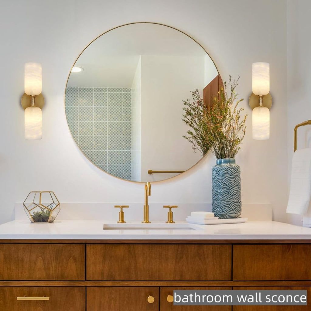 Alabaster Wall Sconces, 14' Modern Spanish Natural Marble Vanity Light, Dimmable Hardwired Brass Gold Wall Sconce Lighting for Bathroom Mirror, Bedroom, Living Room, Luxury Stone Wall Fixtures (1 Pcs)