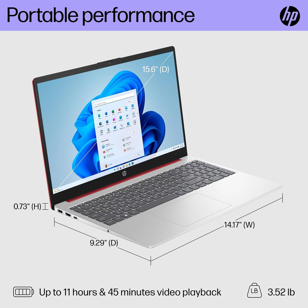 HP 15.6' Portable Laptop (Include 1 Year Microsoft 365), HD Display, Intel Quad-Core N200 Processor, 4GB RAM, 128GB Storage, Wi-Fi 5, Webcam, HDMI, Numeric Keypad, Windows 11 Home, Red