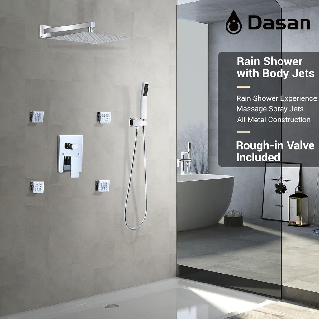 Full Body Rain Shower System with 4 Body Shower Jets & 12'' Wall Mount Rainfall Shower Head & Handheld, DASAN Multi Shower Head System Chrome Rain Shower Faucets sets Combo with Rough-in Valve