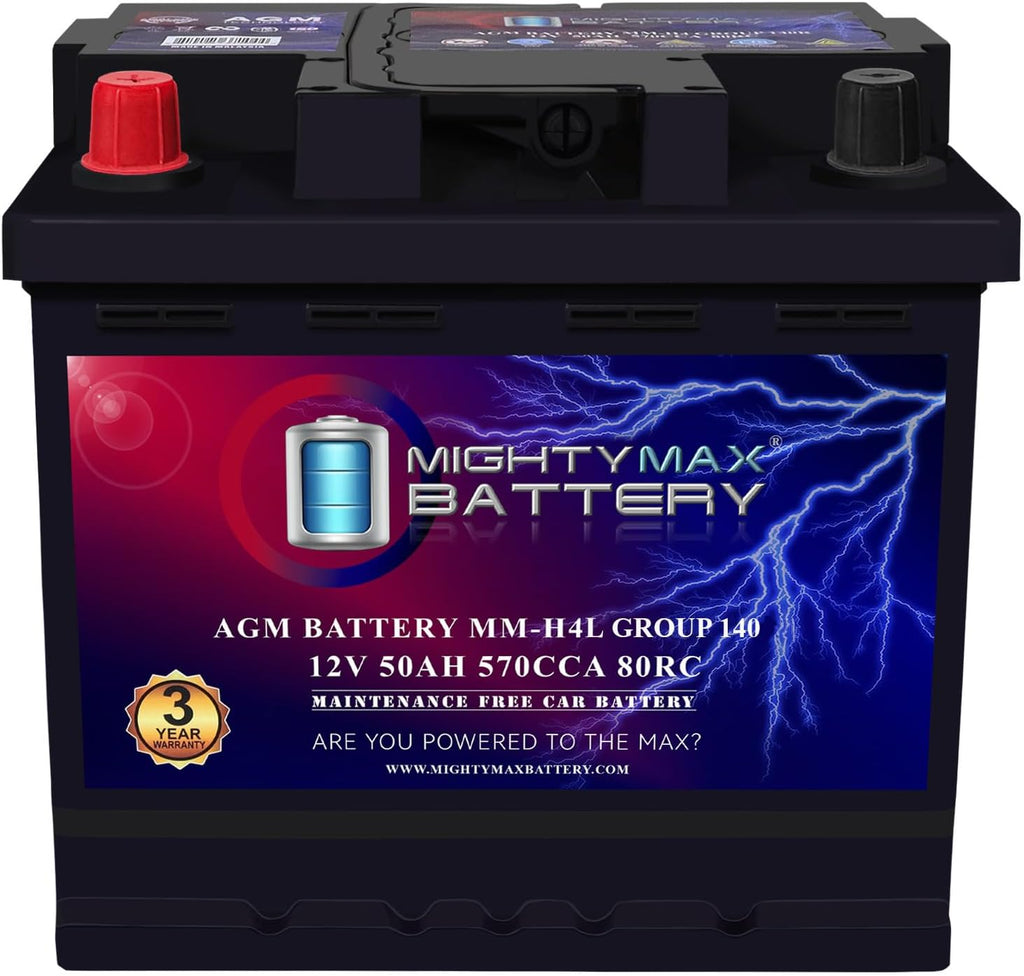 Mighty Max Battery MM-H4L Start and Stop Car BCI Group Size 140 Positive Terminal on Left Side [+ -] 12V 50 AH, 80RC, 570 CCA Rechargeable AGM Car Battery