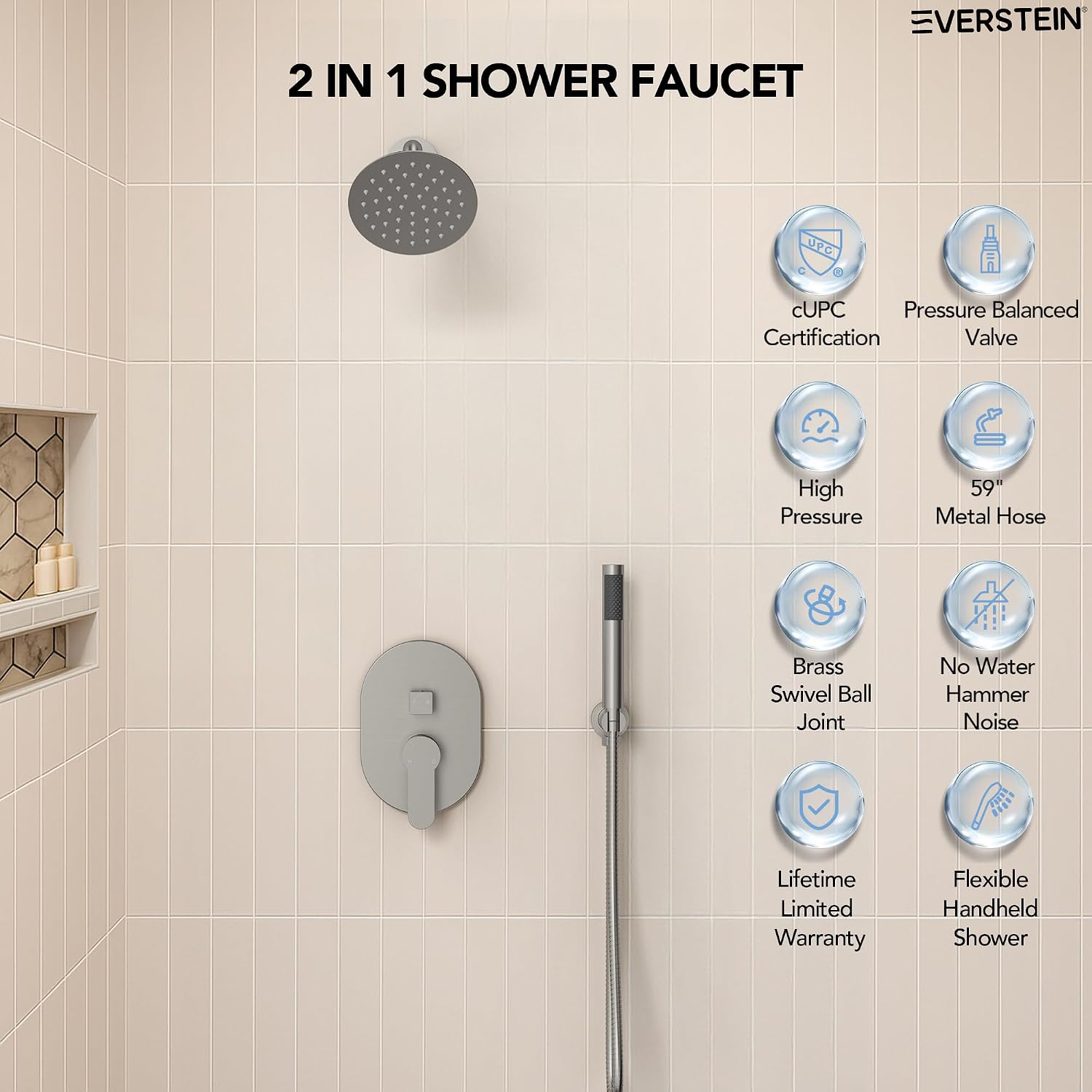 6' High-Pressure Shower System with Handheld Spray, Wall Mount Round Bathroom Shower Faucet Set with Valve (Brushed Nickel)