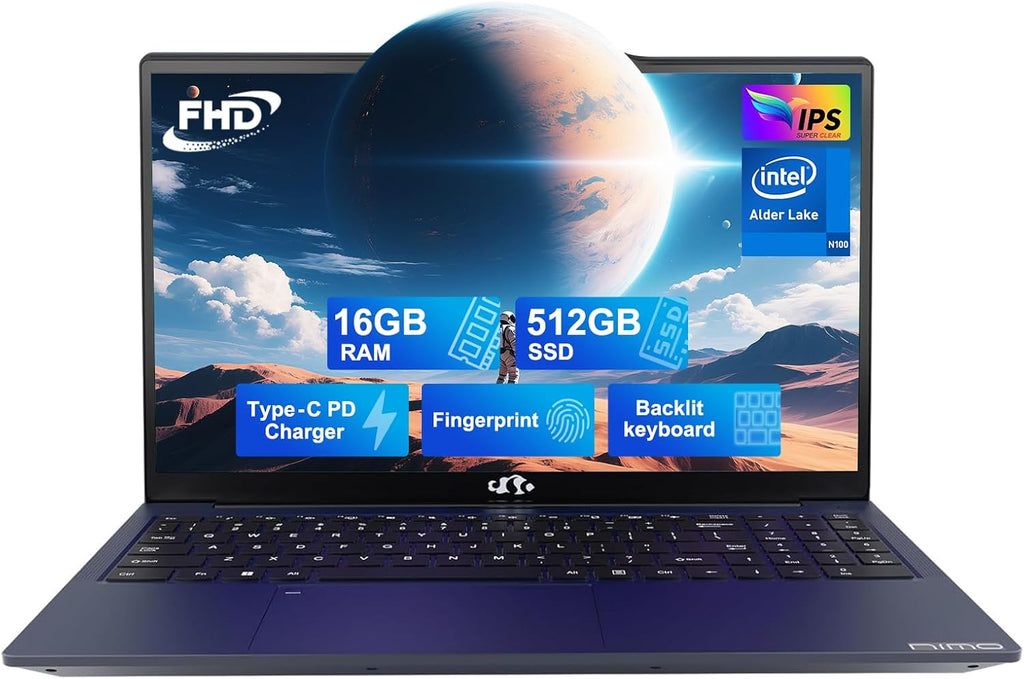 NIMO 15.6' IPS FHD-Laptop, Intel Pentium Quad Core N100 16GB RAM 512GB SSD (Beat i3-1115G4, Up to 3.4GHz) Computer with Backlit Keyboard Fingerprint Type-C WiFi 6 BT5.2, for Student and Home