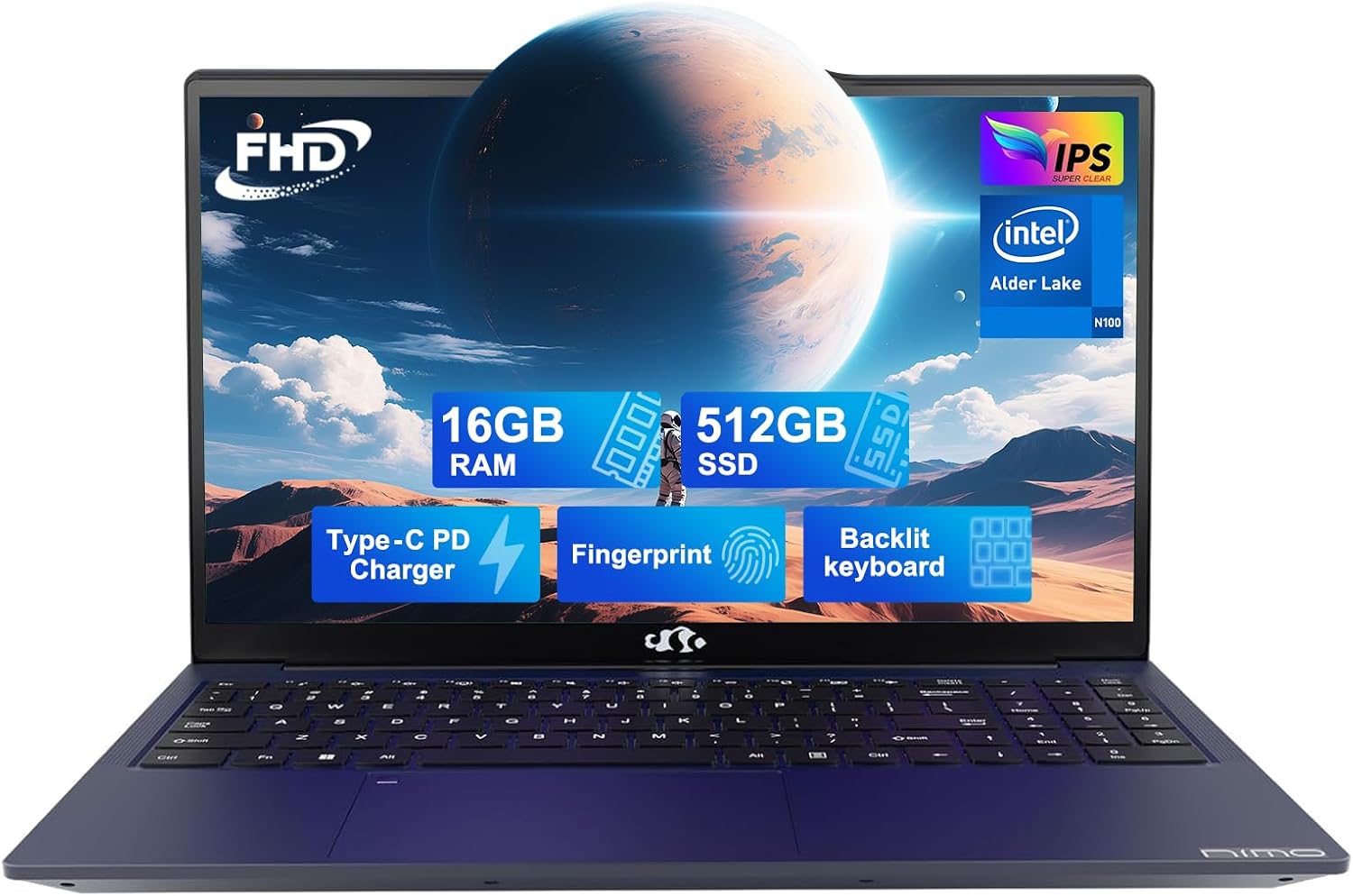 NIMO 15.6' IPS FHD-Laptop, Intel Pentium Quad Core N100 16GB RAM 512GB SSD (Beat i3-1115G4, Up to 3.4GHz) Computer with Backlit Keyboard Fingerprint Type-C WiFi 6 BT5.2, for Student and Home
