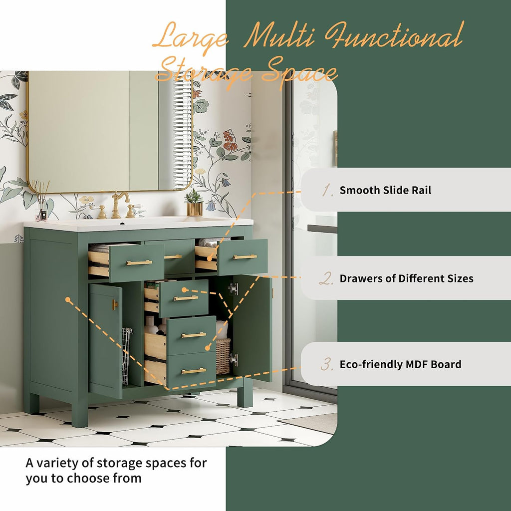 Virubi 36' Bathroom Vanities with Single Sink Set, Bathroom Storage Cabinet with 4 Drawers and 2 Soft Closing Doors, Solid Wood Frame Bathroom Sink Vanities