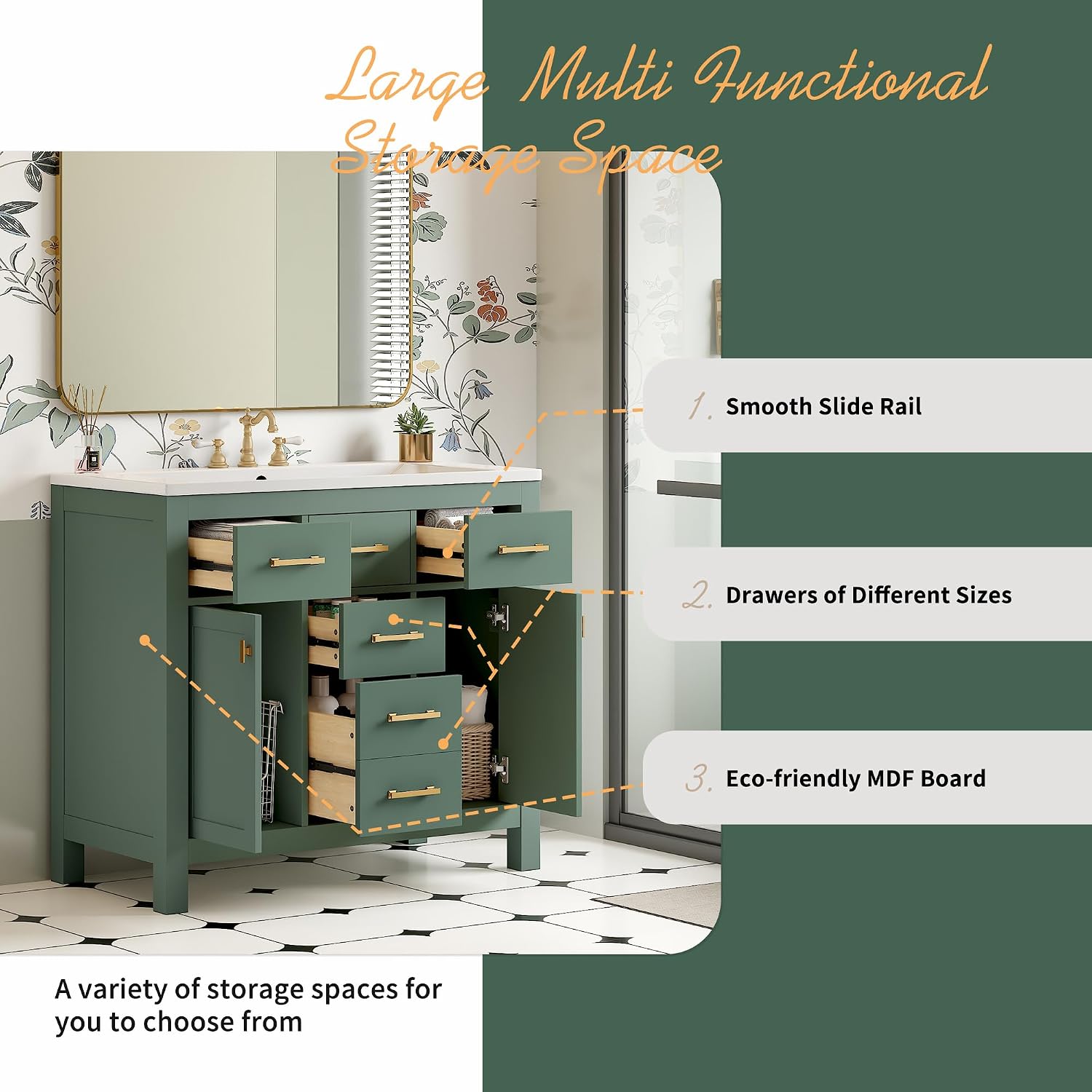 Virubi 36' Bathroom Vanities with Single Sink Set, Bathroom Storage Cabinet with 4 Drawers and 2 Soft Closing Doors, Solid Wood Frame Bathroom Sink Vanities