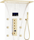 AYIVG Brushed Gold Thermostatic Shower System 16X24 inch Rainfall And Waterfall Shower Set Ceiling Full Body Shower System with Handheld Spray and Digital Display Pressure Balance Valve