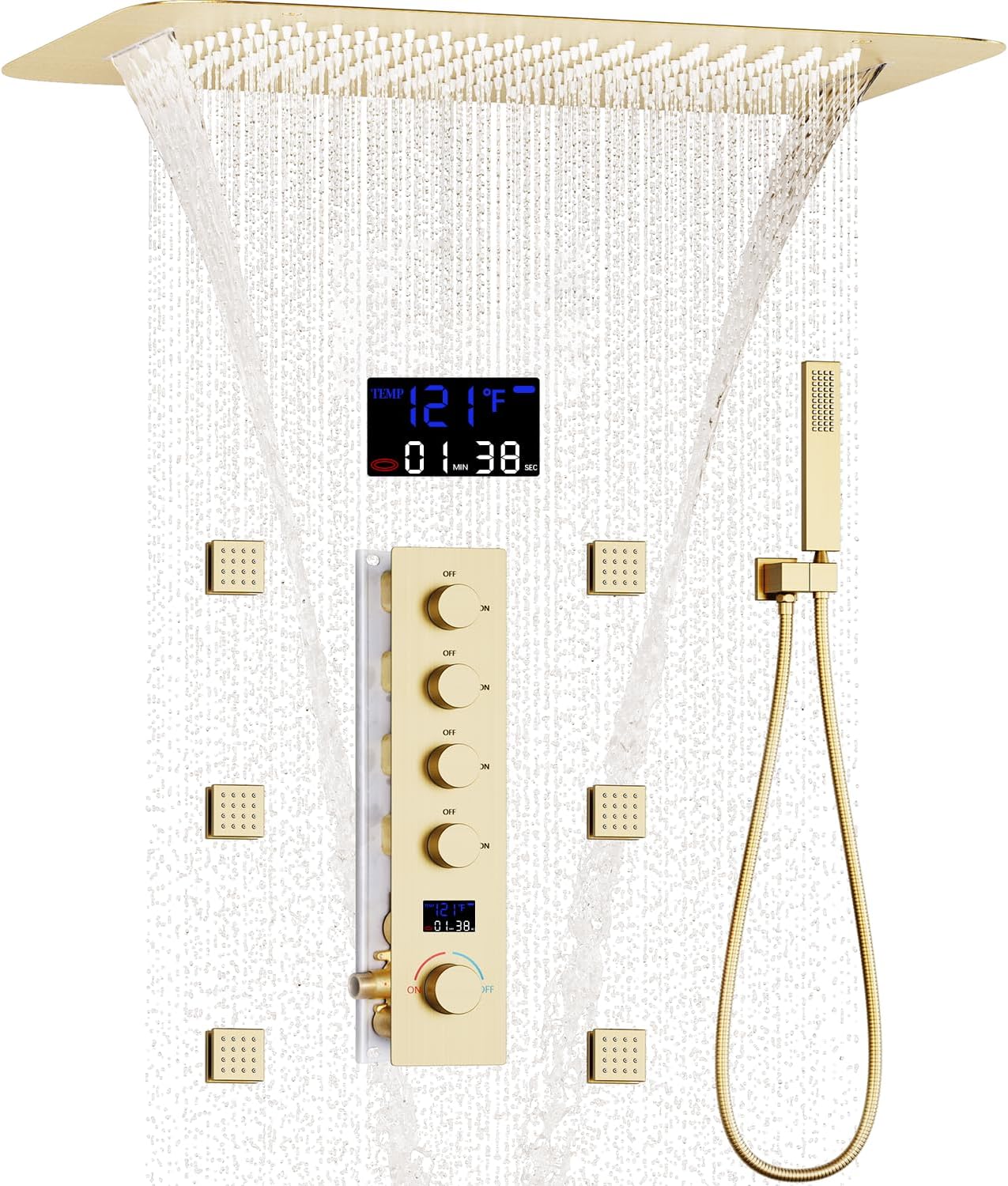 AYIVG Brushed Gold Thermostatic Shower System 16X24 inch Rainfall And Waterfall Shower Set Ceiling Full Body Shower System with Handheld Spray and Digital Display Pressure Balance Valve