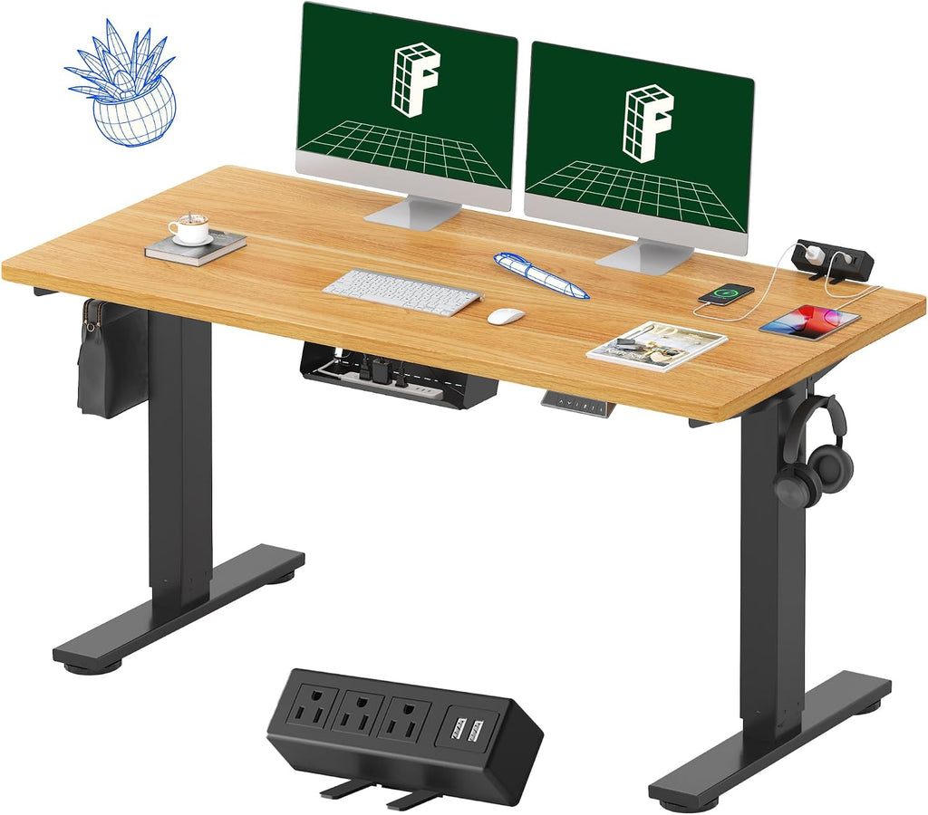 FLEXISPOT EN2 Whole-Piece Standing Desk with Clamp Power Strip, 55 x 28 Electric Stand Up Height Adjustable Desk with Cable Management (Black Frame + 55' Maple Top, 2 Packages)