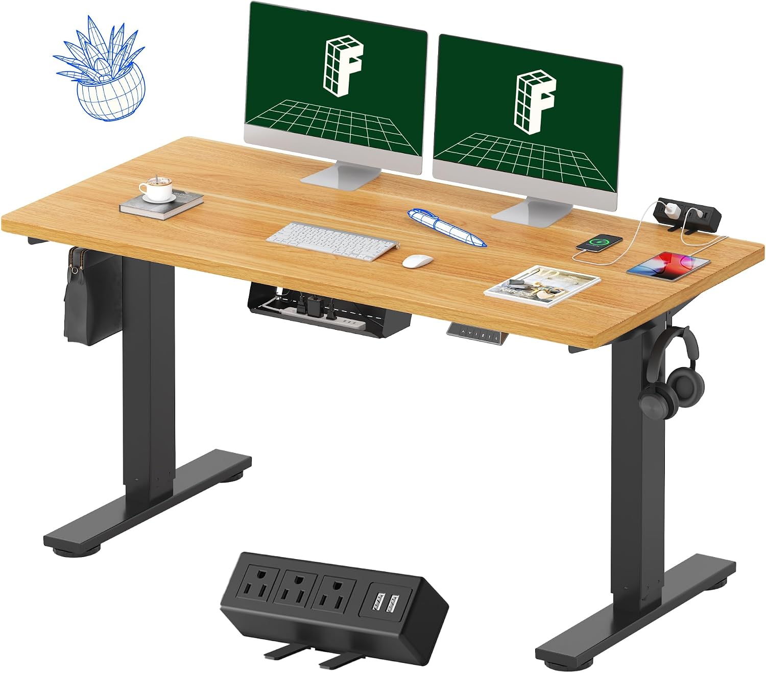 FLEXISPOT EN2 Whole-Piece Standing Desk with Clamp Power Strip, 55 x 28 Electric Stand Up Height Adjustable Desk with Cable Management (Black Frame + 55' Maple Top, 2 Packages)
